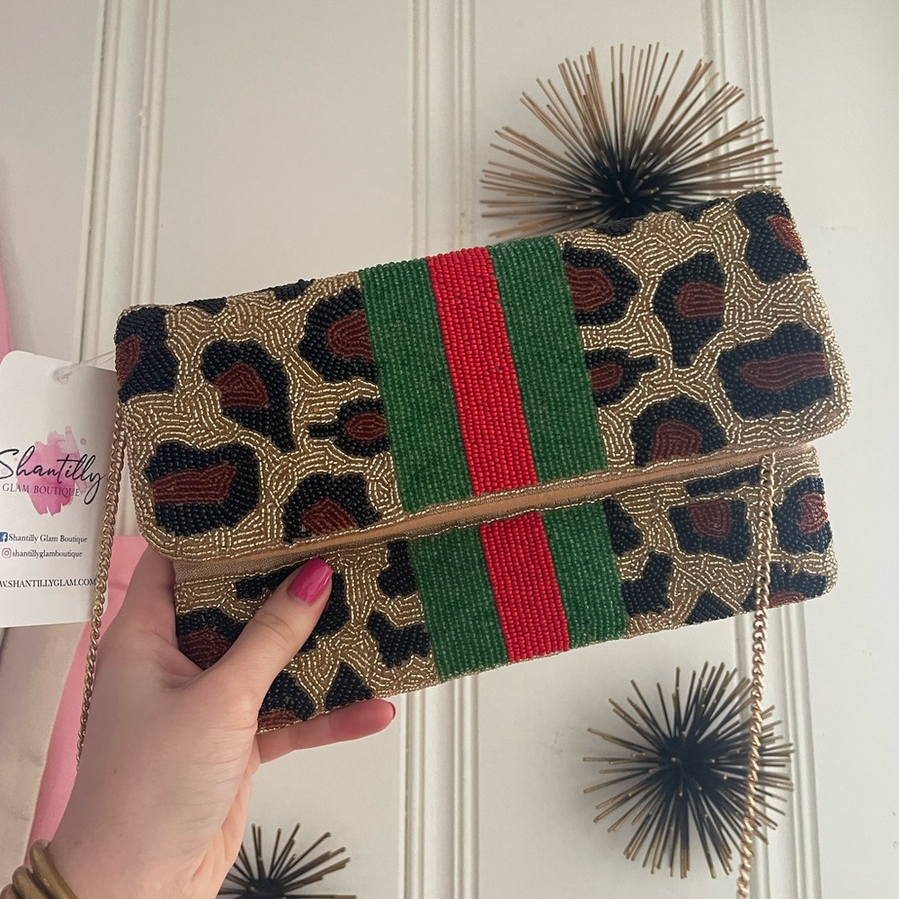 Beaded Gucci Themed Purse with Gold Chain Strap
